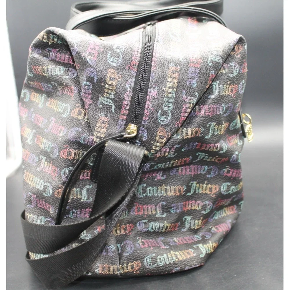 Juicy Couture Rainbow Logo Print Satchel Duffel Shoulder Bag Black Crown Charm